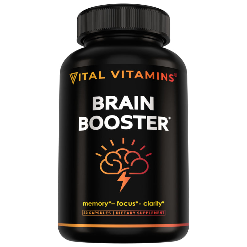 Vital Vitamins Brain Booster Supplements for Memory and Focus, 30 Capsules | Brain Health Support for Adults and Seniors with Bacopa Monnieri & Ginkgo Biloba, Non-GMO, Caffeine-Free & Stimulant-Free 30 Count (Pack of 1)