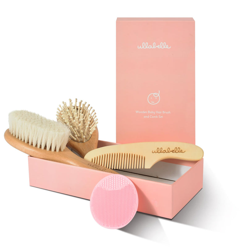 [Australia] - 4 Piece Wooden Baby Hair Brush and Comb Set for Newborns & Toddlers in Chic Gift Box - Ultra Soft Natural Goat Hair and Wood Baby Brush Set Prevents Cradle Cap - Perfect Registry Gift (Pink) Pink 