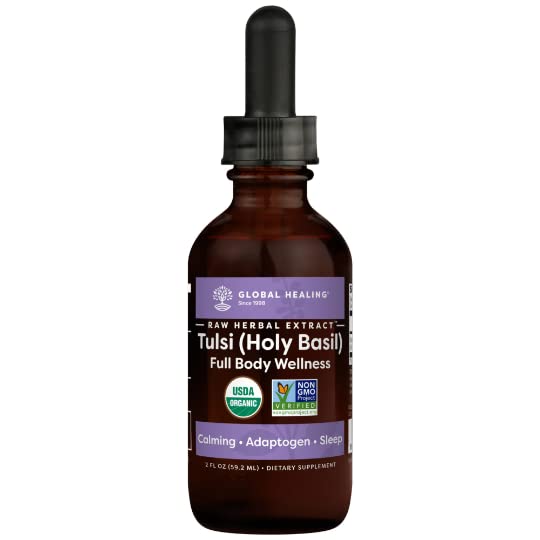 [Australia] - Global Healing Organic Tulsi (Holy Basil Leaf Extract) Vegan Liquid Supplement Drops (Organic basil) - Bioavailable Herb for Normal Stress Response, Natural Energy & Immune Support - 2 Fl Oz Tincture 