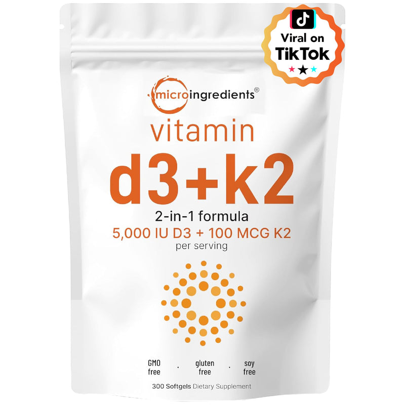 Micro Ingredients Vitamin D3 + K2 MK-7 5,000 IU Per Serving, 300 Softgels | K2 100 mcg Per Serving, D3 & K2 Vitamin Supplement for Women & Men. Easy-to-Swallow, Non-GMO, Gluten Free. 300 Count (Pack of 1)