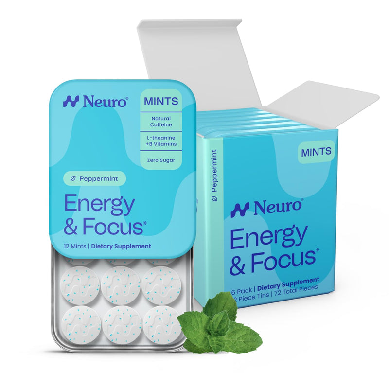 Neuro Energy & Focus Mints, Peppermint, 72 Count | 40mg Natural Caffeine Mints, 60mg L-Theanine, Vitamin B6 + B12, Sugar Free, Vegan, Clean Nootropic Energy & Focus Supplement 12 Count (Pack of 6)