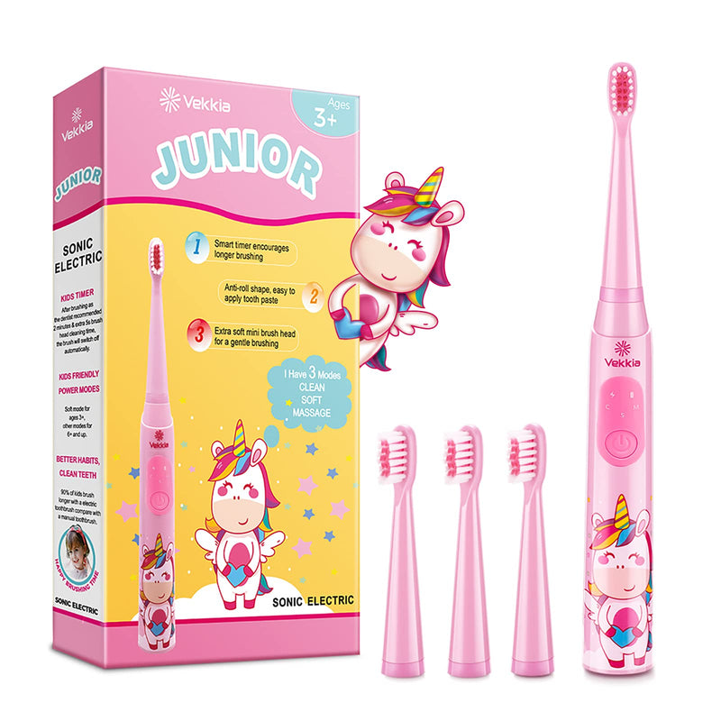 [Australia] - Vekkia Sonic Rechargeable Kids Electric Toothbrush, 3 Modes with Memory, Fun & Easy Cleaning, 24000 Strokes, IPX7 Waterproof, 2-Min Timer for Age 5+, 4 Soft Bristles(Pink) Pink 