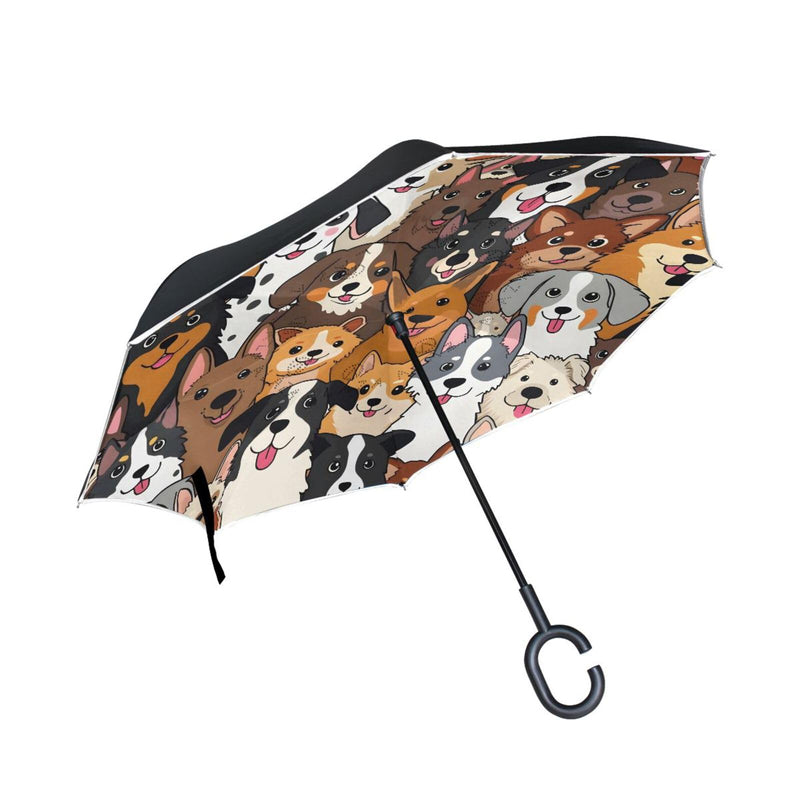 MRMIAN Cute Doodle Dog Print Animal Windproof Inverted Open Close Reverse Rain Umbrella Inside Out Quality Waterproof Parasol Upside Down Stick Shelter with Hook c Handle