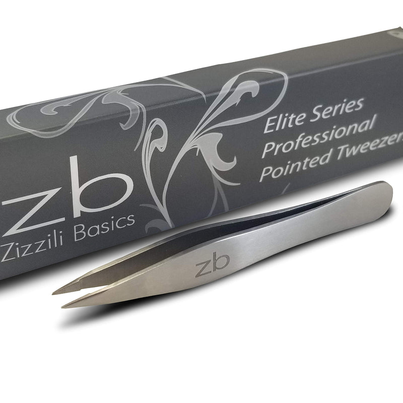 Zizzili Basics Elite Series Pointed Tweezers - Sharp Precision Tips + Surgical Grade Stainless Steel Tweezer for Professional Eyebrow and Facial Hair Removal Satin Finish
