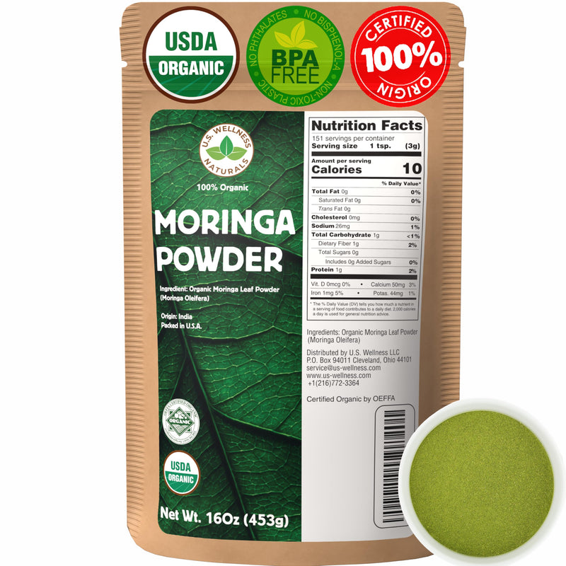 U.S. Wellness Naturals Moringa Powder 1LB (16Oz) 100% Certified Organic| 100% Pure Moringa Leaf NO Stems| - Raw from India | Smoothies | Drinks | Tea | Recipes - Resealable Bag