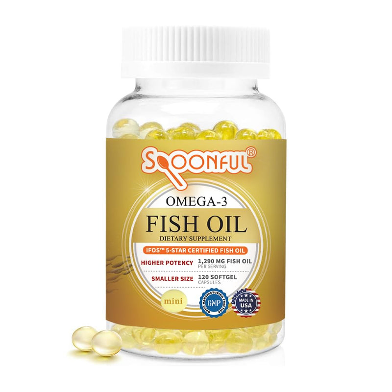 [Australia] - Spoonful Mini Omega 3 Fish Oil, iFOS Certified, 1290 mg Per Serving, 120 Softgels Pearls, Small Size Easy to Swallow Capsules for Women and Seniors, Made in USA 120 Count (Pack of 1) 