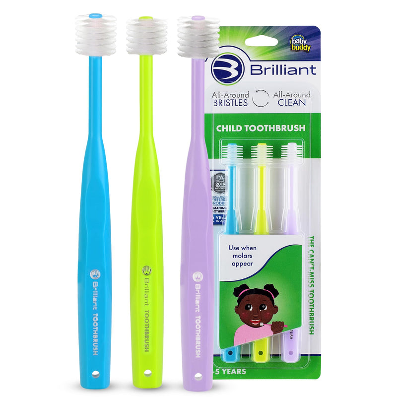 [Australia] - Brilliant Oral Care Child Toothbrush with Soft Bristles and Round Head, for a Kid Approved, Easy to Use All-Around Clean Mouth, Ages 2-5 Years, Sky Blue Lime Lilac, 3 Pack Sky Blue-lime-lilac 3 Count (Pack of 1) 