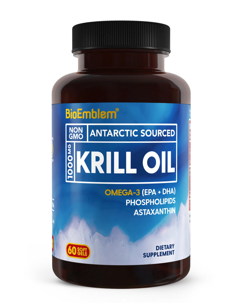 [Australia] - BioEmblem Antarctic Krill Oil Supplement | 1000mg | Omega-3 Oil with High Levels of EPA + DHA, Astaxanthin, and Phospholipids | No Fishy Aftertaste | 60-Count Non-GMO Softgels 60 Capsule 