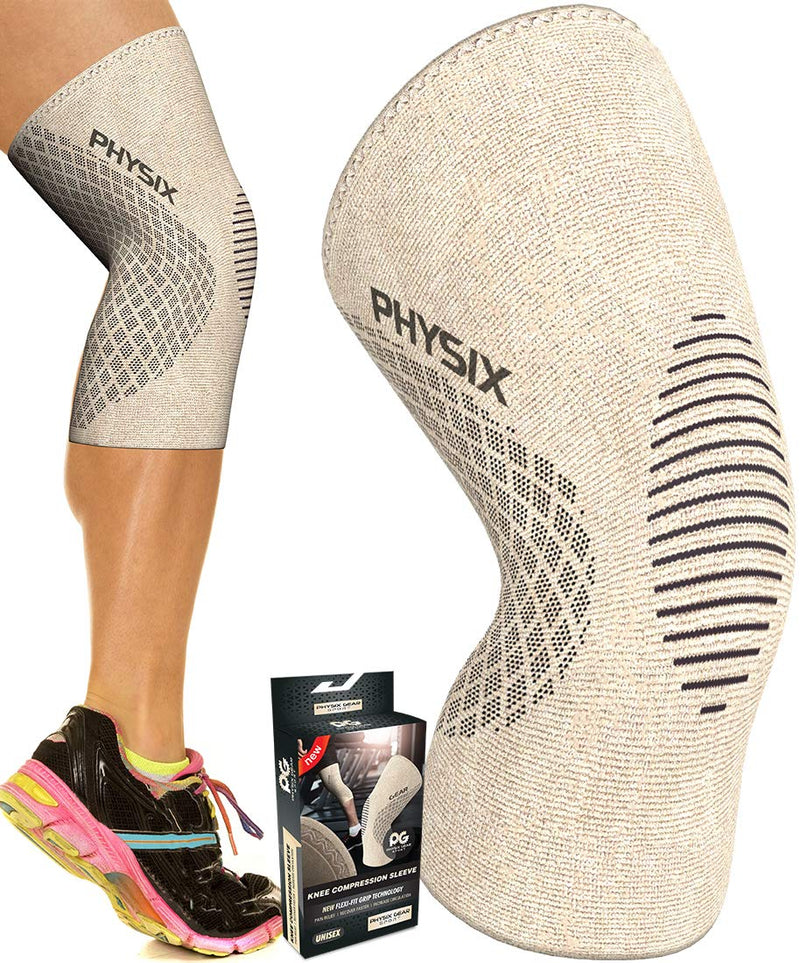 [Australia] - Physix Gear Knee Compression Sleeve for Men & Women - Best Compression Knee Brace for Walking, Running, Gym, Basketball, Weightlifting,Workout, Sports - Knee sleeves Support Compression & Stability M Beige/Black 