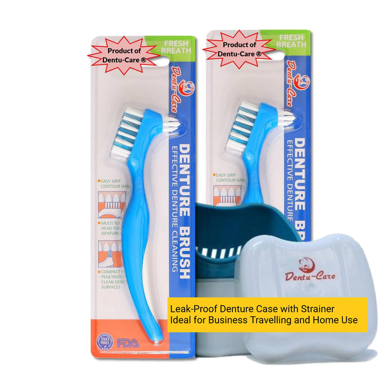 Professional Denture Care System - 2 Dual-Head Cleaning Brushes, Plaque Removal Tool & Premium Travel Case - Complete Daily Care Kit for Full & Partial Dentures