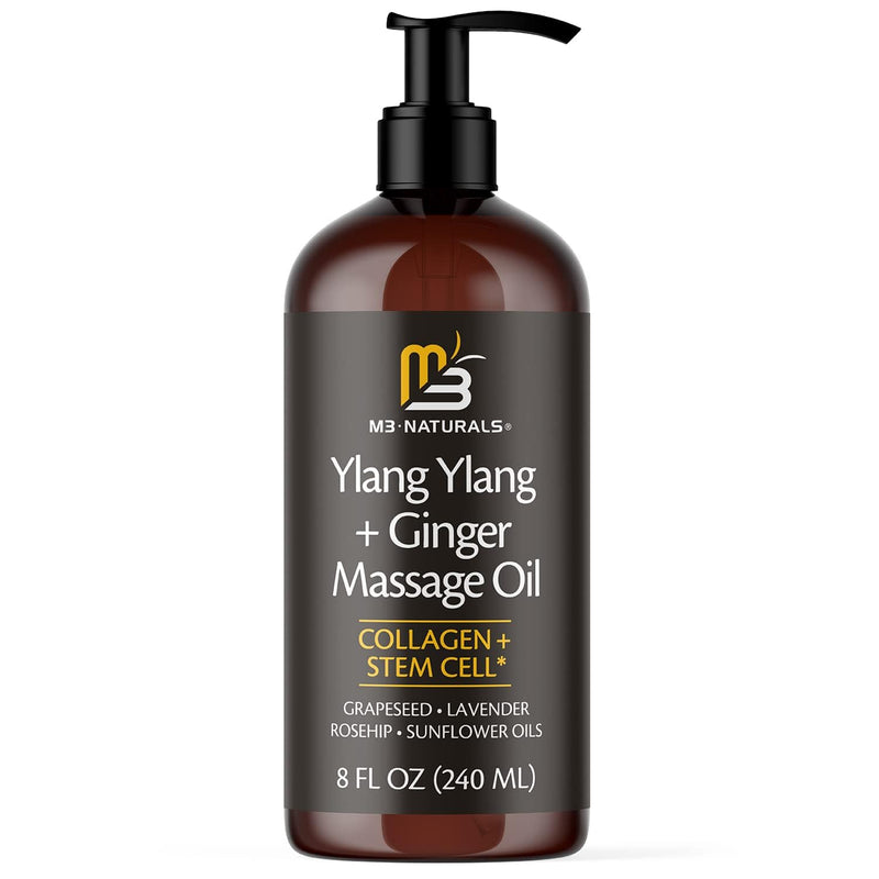 [Australia] - Ylang Ylang + Ginger Massage Oil for Massage Therapy and Manipulation Therapy | Collagen and Stem Cell Anti Cellulite Body Oil for Lymphatic Massage and Sore Muscles Skincare by M3 Naturals Ylang Ylang (1 Pack) 