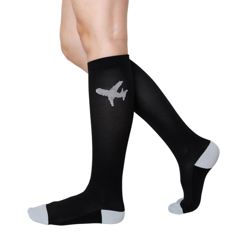 [Australia] - Compression Socks for Men and Women, 20-30 mmHG, Graduated Compression for Flight, Travel, Sports, Pregnancy, Running L Black-Grey 