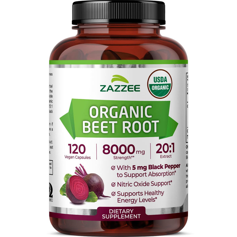 [Australia] - Zazzee USDA Organic Beet Root 8000 mg Strength 20:1 Extract, 120 Vegan Quick Release Capsules, Black Pepper Extract for Enhanced Absorption, Supports Nitric Oxide Production, Non-GMO, Made in The USA 120 Count (Pack of 1) 