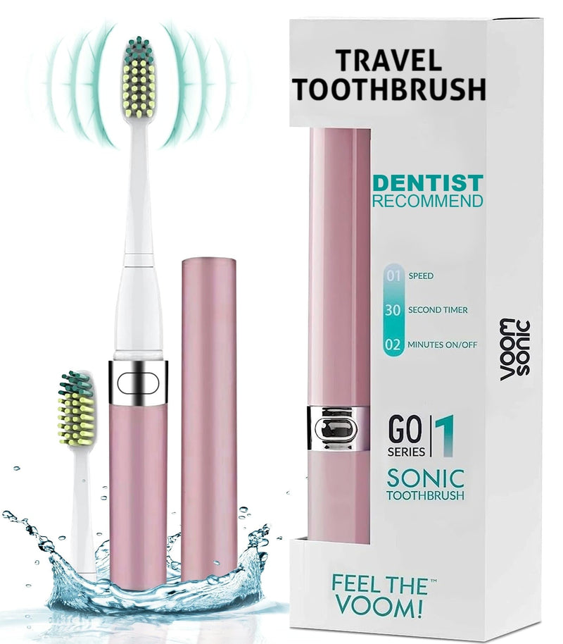 [Australia] - Voom Sonic Go 1 Series Travel Electric Toothbrush, Travel Toothbrush (Dentist Recommended) - Battery Operated Toothbrush for Adults & Kids, Sonic Toothbrush, Portable w/ 2 Minute Timer Metallic Rose 