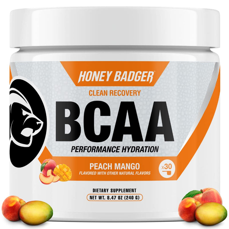[Australia] - Honey Badger BCAA + EAA Amino Acids Electrolytes Powder, BCAAs + L-Glutamine, Keto, Vegan, Sugar Free for Men & Women, Hydration & Post Workout Muscle Recovery Drink Mix, Peach Mango, 30 Servings 