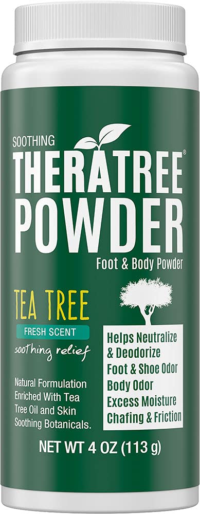 TheraTree Tea Tree Foot Powder, Odor and Sweat, Smelly Feet Deodorizer, 4oz | Oleavine Natural talc-free formula with tea tree, peppermint, and neem deodorizes smelly feet and shoes for men and women