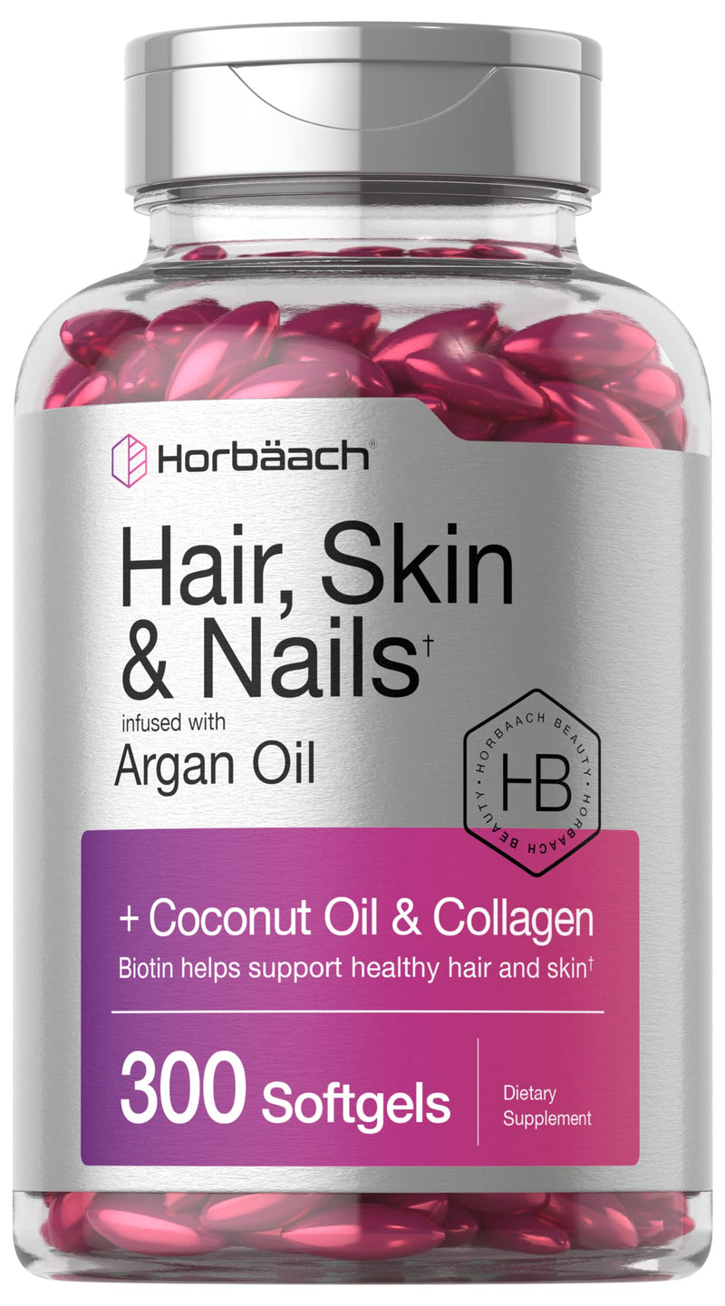 [Australia] - Horbäach Hair Skin and Nails Vitamins | 300 Softgels | with Biotin and Collagen | Infused with Argan Oil and Coconut Oil | Non-GMO, Gluten Free Supplement 