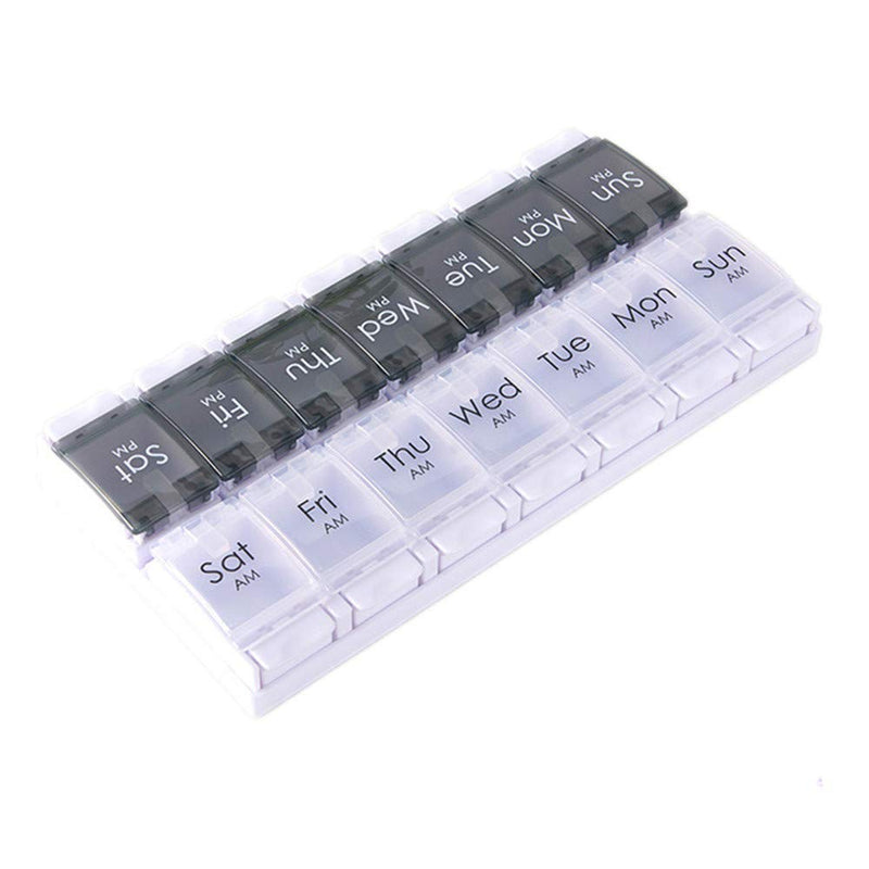 Pill Box Organiser 7-Day Weekly for AM PM Day Night Twice a Day, Pill Case with 14 Compartments for Vitamin Capsule Supplements Press Open Black-White (2time1day-blk)