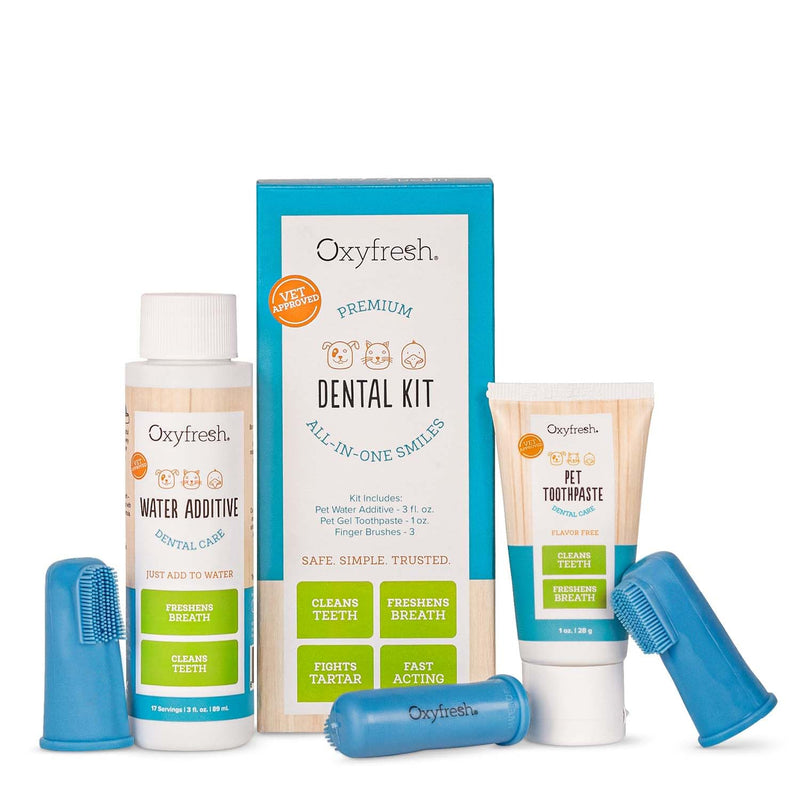 Oxyfresh Premium Pet Dental Kit for Dogs & Cats – Easy Solution for Fresh Breath, Clean Teeth, Control Plaque & Tartar – Vet Formulated Pet Toothpaste 1oz + Water Additive 3oz + 3 LG Brushes Kit Small Kit