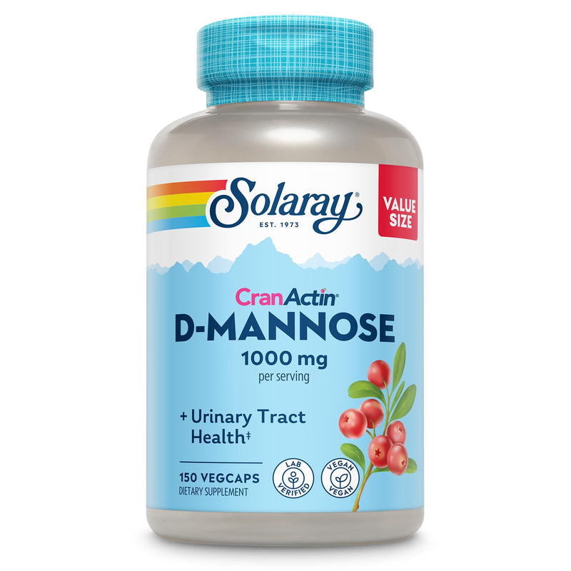 [Australia] - SOLARAY D-Mannose with CranActin Cranberry Supplement 1000mg, Urinary Tract Health & Bladder Support Capsules with Vitamin C, Vegan, 60 Day Guarantee, 75 Servings, 150 VegCaps 150 Count (Pack of 1) 