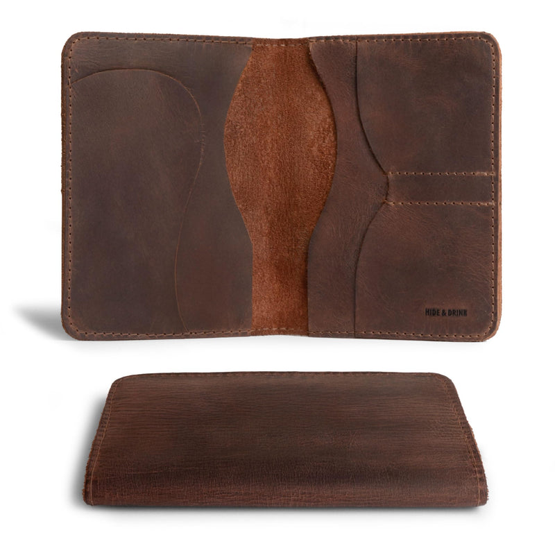 Hide & Drink, Double Passport Cover with Slots for Bills and Keys, Rustic Case, ID Organizer, Full Grain Leather, Handmade Accessories, Bourbon Brown