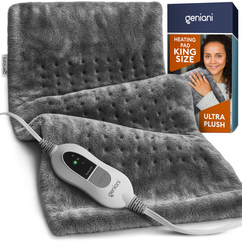 [Australia] - GENIANI King Size Heating Pad for Back Pain & Cramps Relief, FSA HSA Eligible, Auto Shut Off, Machine Washable, Moist Heat Pad for Neck & Shoulder, Knee, Leg, Heat Patches, Tabby Gray 12'‘×24’’ XL 12"x24" 