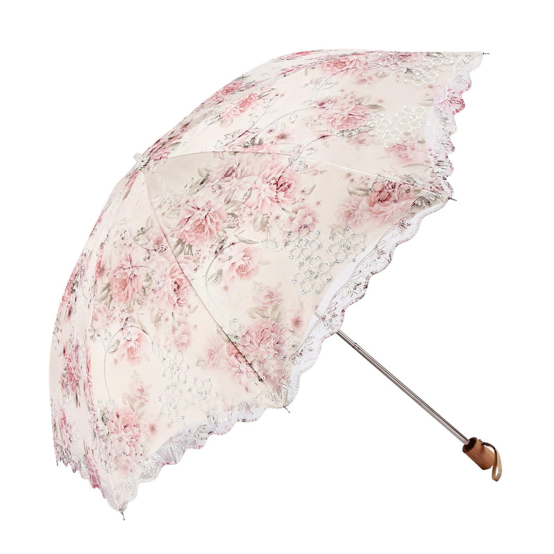 Honeystore Flower Print Vintage Parasol Anti-UV Folding Lace Embroidery Umbrella 2 Folding Beige