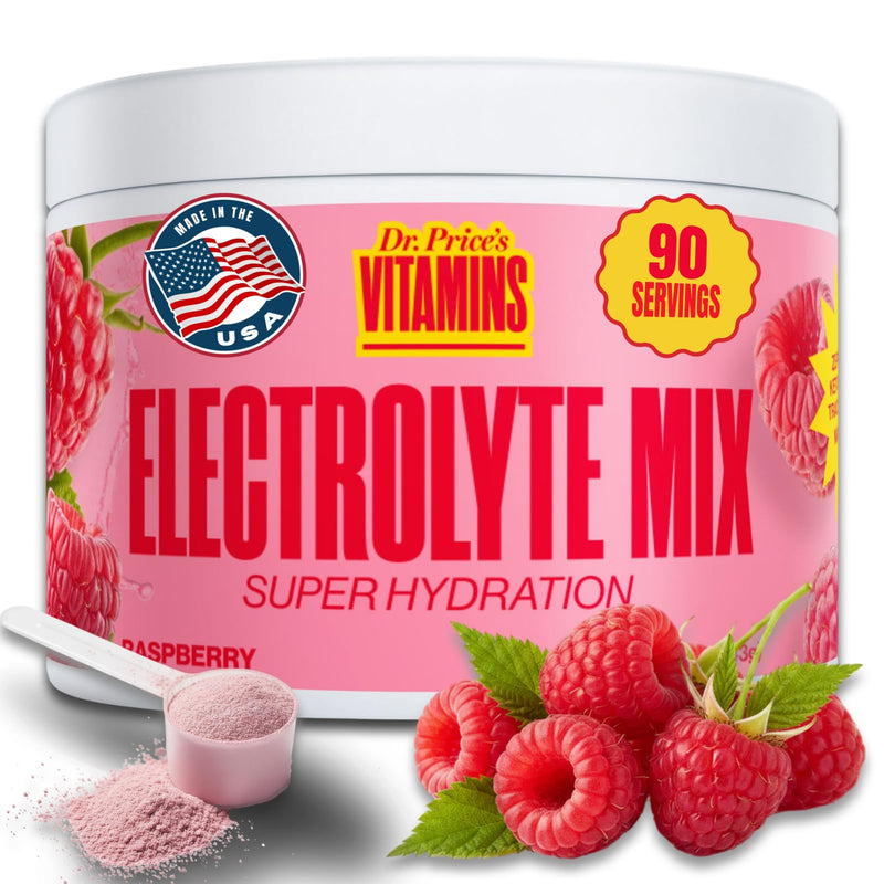Dr. Price's Vitamins Electrolytes Powder Bulk, Raspberry 90 Servings | Electrolyte Mix, Hydration, No Sugar, Sodium, Potassium & 72+ Trace Minerals, Keto Friendly, Made in USA, Doctor-Formulated 90 Servings - Tub