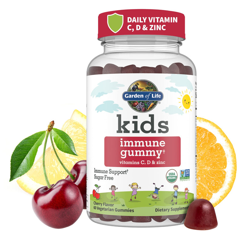 [Australia] - Garden of Life Kids Immune Support Gummies with Vitamin C, D as D3 & Zinc for 3-in-1 Daily Children’s Immunity – Organic, Non-GMO, Gluten-Free, Vegetarian, Sugar Free, Cherry Flavor, 30 Day Supply 60 Count (Pack of 1) 