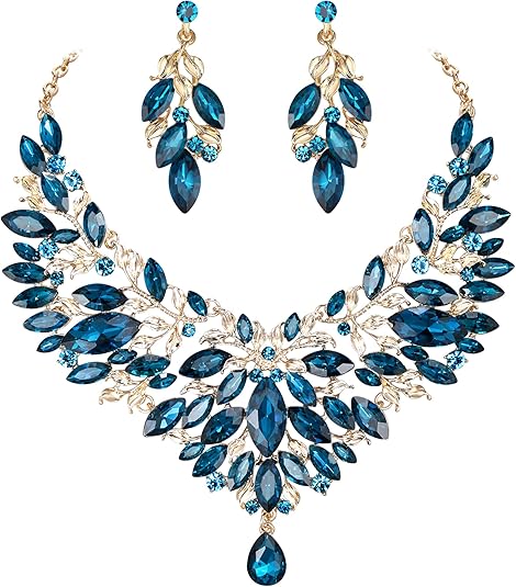 [Australia] - BriLove Wedding Bridal Jewelery Set for Women Crystal Teardrop Marquis Cluster Statement Necklace Dangle Earrings Blue Topaz Color Gold-Tone 