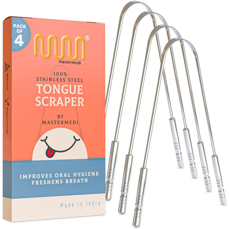 [Australia] - MasterMedi Tongue Cleaner Tongue Scraper Surgical Grade Stainless Steel Tongue Brush Dental Kit Professional Eliminate Bad Breath With Non-synthetic Grip (Family Pack (4 pcs) Pack of 4 