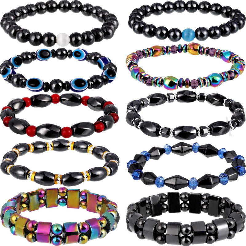 [Australia] - Hicarer 10 Pieces Magnetic Hematite Bracelets for Men Women Magnetic Bracelet Rock Beads Stone Bracelet,10 Styles 
