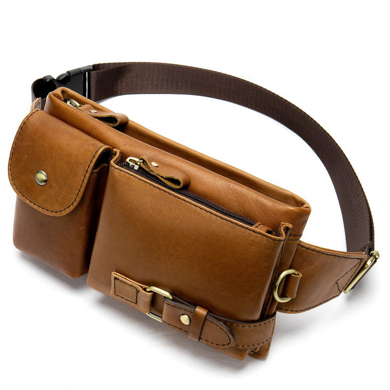 Genuine Leather Fanny Pack for Men Women Small Waist Purse Travel | Brown Sling Cross Body Waist Bag, Lightweight Belt Bag for Walking Hiking, Adjustable Strap, Mulit-pockets
