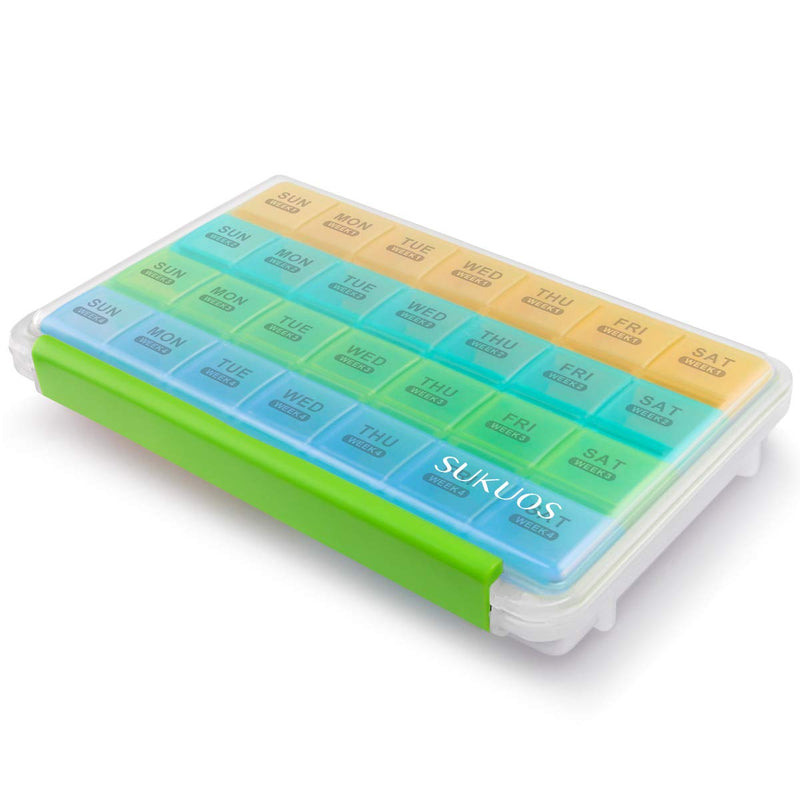 Sukuos Monthly Pill Organizer 28 Day Easy to Open, Large Moisture-Resistant Pill Box Cases with Dust-Proof Box and Clear Lid for Vitamin/Fish Oil/Supplements Green & Yellow