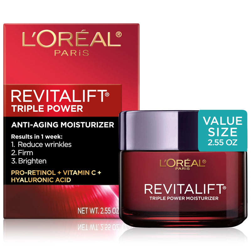 L'Oreal Paris Revitalift Triple Power Anti-Aging Face Moisturizer, Pro Retinol, Hyaluronic Acid & Vitamin C to Reduce Wrinkles, Firm & Brighten Skin, 2.55 Oz Scented 2.55 Ounce (Pack of 1)