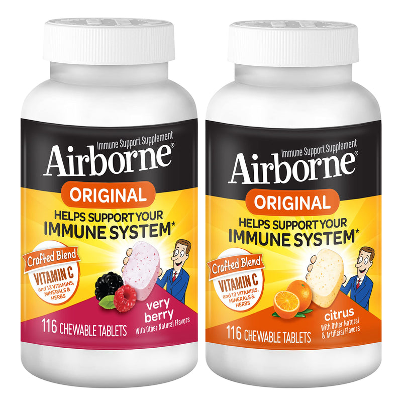 Airborne 1000mg Vitamin C Chewable Tablets Citrus & Very Berry Flavor Bundle - Immune Support Supplement with Zinc and Powerful Antioxidant Vitamins A C & E, (2x116ct bottles)* 116 Count (Pack of 2)