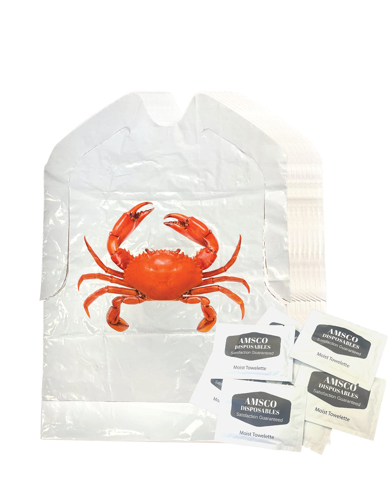 [Australia] - Crab Bib & Wet Wipe Bundle- 25 Disposable Bibs and 25 Moist Towelettes for Crawfish Boil, Seafood Fest, or Home Dinner Party White/Red 