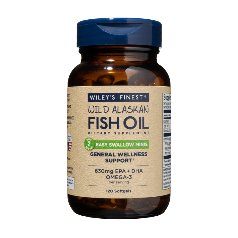 [Australia] - Wiley's Finest Wild Alaskan Fish Oil Easy Swallow Minis - Omega-3 Fish Oil Supplement for Adults and Kids - Double-Strength 630mg EPA and DHA Natural Supplement - 120 Mini Softgels (60 Servings) 120 Count (Pack of 1) 