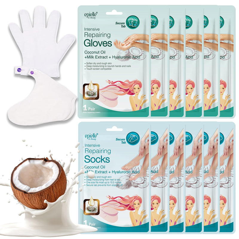 [Australia] - Epielle Intensive Repairing Hand & Foot Masks (6 Gloves & 6 Socks), Repair and Moisturize Dry Hands & Cracked Heels with Coconut Oil & Milk Extract, Korean Skin Care, Spa Self Care Gifts for Women Glove & Socks-12pk 