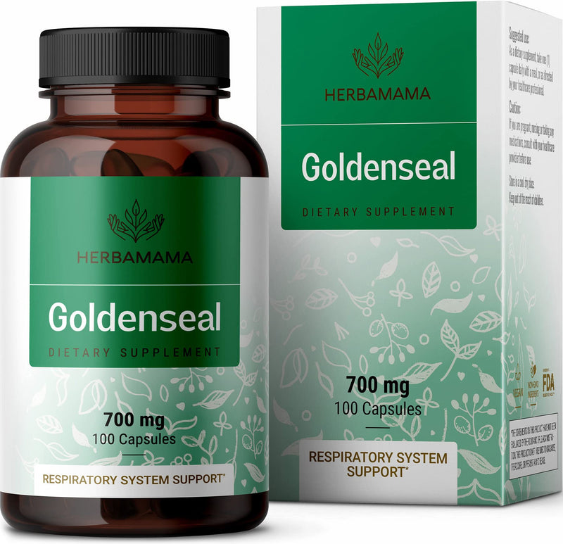 [Australia] - HERBAMAMA Goldenseal Root Capsule Supplement - Organic Goldenseal Herb Powder Pills - Respiratory & Digestive Health Support - 100 Capsules 