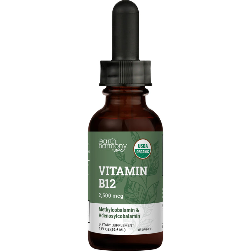 Earth Harmony Naturals Organic Vegan Vitamin B12 Sublingual Liquid Supplement - 2500mcg Methylcobalamin Drops for Natural Energy, Metabolism Health and Immune System Support - 1 Fl Oz 1 Fl Oz (Pack of 1)