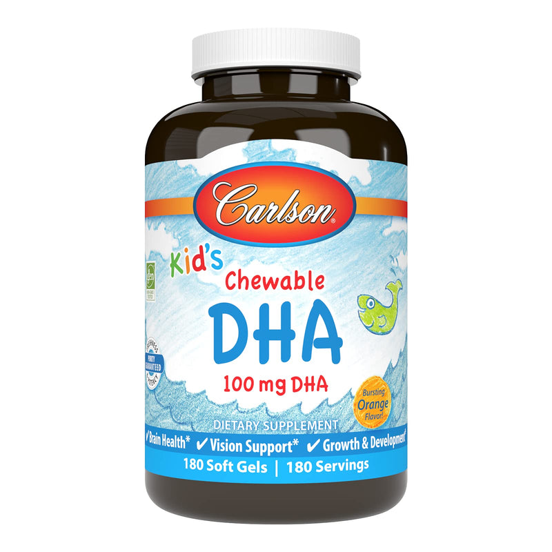 [Australia] - Carlson - Kid's Chewable DHA, 100 mg DHA, Brain Health, Vision Function, Growth & Development, Orange, 180 Chewable Softgels 180 Count (Pack of 1) 
