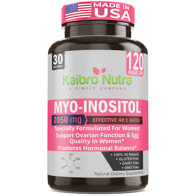 Kaibro Nutra Myo-Inositol & D-Chiro Inositol 40:1 Supplement - 2050mg | Hormone Balance & Ovarian Support for Women with Vitamin B8, Vegan, Non-GMO (120 Capsules) 120 Count (Pack of 1)