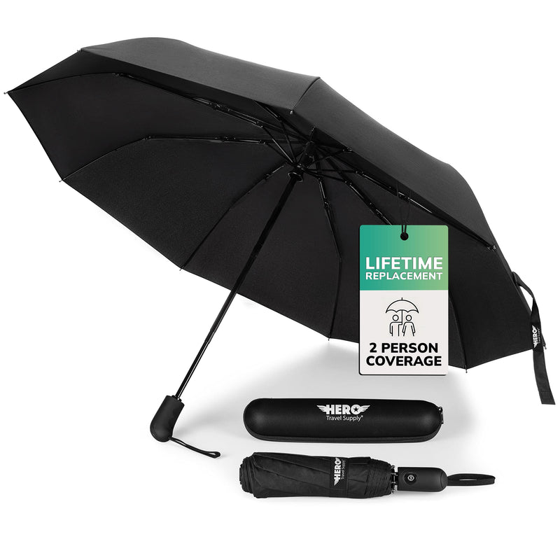 HERO Windproof Travel Umbrella – Premium Auto Open/Close, Lightweight, Compact, Portable Umbrella with 2-Person Coverage for Travel – Fits Easily in a Purse or Backpack Black