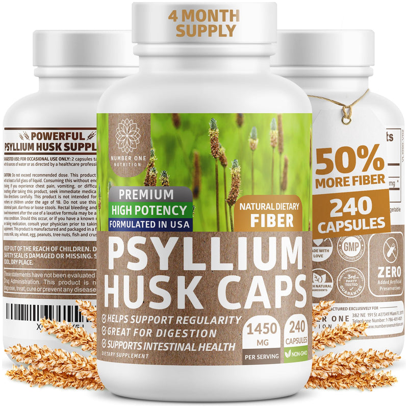 [Australia] - N1N Premium Psyllium Husk Capsules [All Natural,1450 MG] Powerful Soluble Fiber Supplement to Support Regularity and Digestive Health, 240 Caps 