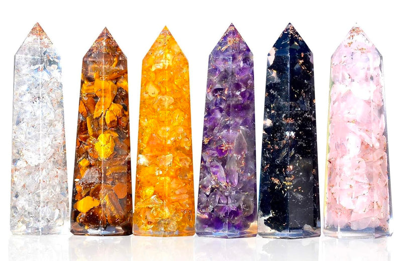 [Australia] - Healing Crystal Wand Set of 6 Orgonite – Includes 3” Amethyst Crystal, Tigers Eye, Rose Quartz, Black Tourmaline Stone, Citrine and Clear Quartz Orgone Crystal Plus Black Tourmaline Necklace 
