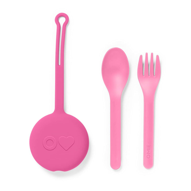 [Australia] - OmieBox Kids Utensils Set with Case - 2 Piece Plastic, Reusable Fork and Spoon Silverware with Pod for Kids (Bubble Pink) Bubble Pink 