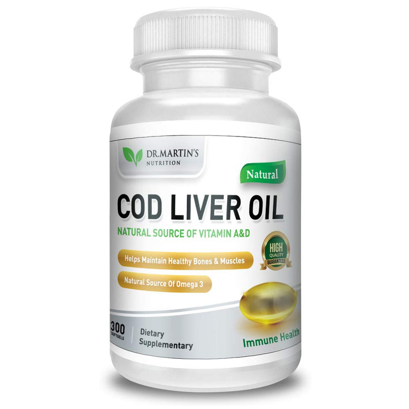 Cod Liver Oil 300 Softgels, Burpless Omega 3 with EPA & DHA, Vitamin A & D | Norwegian Fish, Easy-to-Swallow Capsules for Immune Support, No Fishy Aftertaste, Heart Brain Eye Immune, Easy on stomach