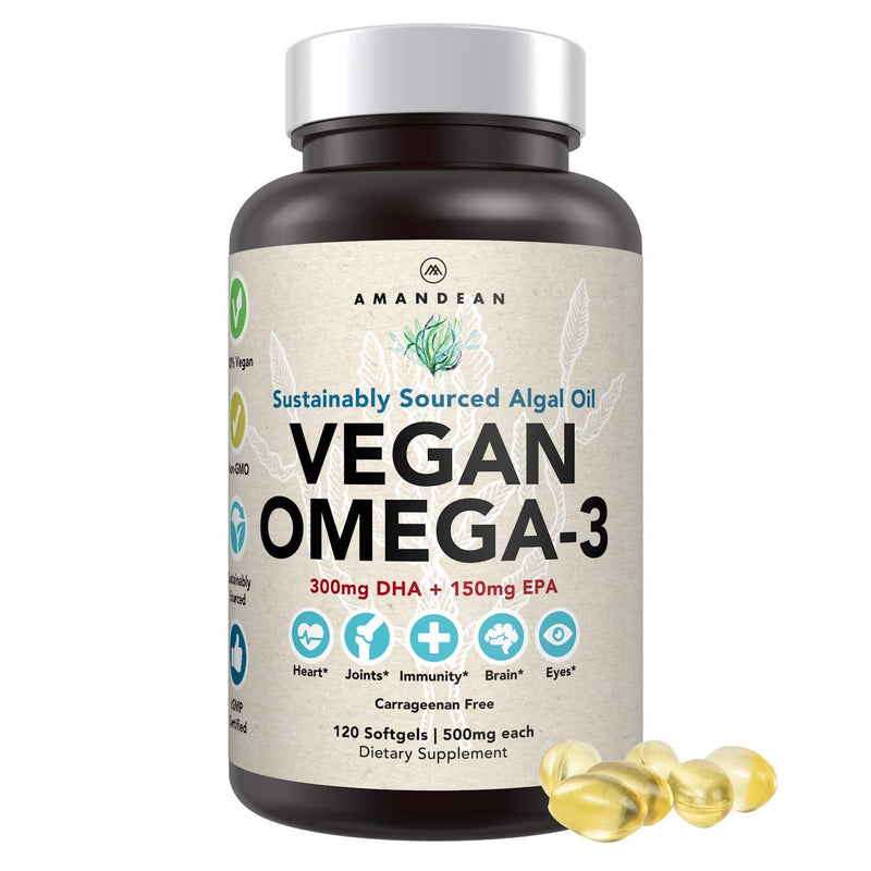 [Australia] - Amandean Vegan Omega 3 Supplement. Premium Fish Oil Alternative! Algae DHA & EPA. 120 Carrageenan Free Softgels. Algal Essential Fatty Acids. Plant Based Heart, Skin, Brain, Eye, Immune Support. 