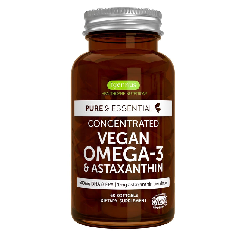 [Australia] - Igennus Vegan Omega-3 Natural Triglyceride Algae Oil, DHA & EPA Fatty Acid Supplement, 60 Small Softgels with Astaxanthin, Easy-to-Swallow, Pure & Sustainable, 30 Servings Unflavored 60 Count (Pack of 1) 